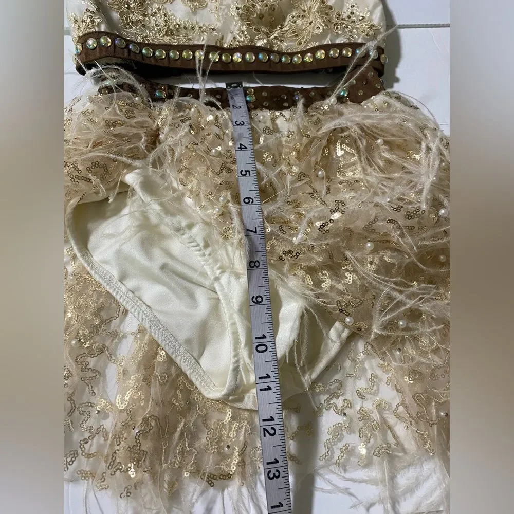 Glamour solo dance costume 2 piece cream tan feather embellished SA adult